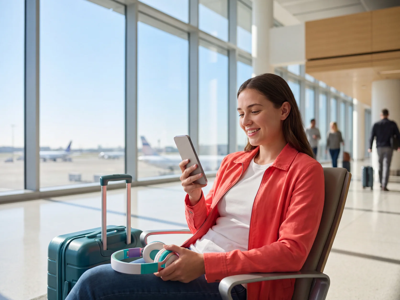 Eine lächelnde Reisende liest im hellen Flughafenterminal eine kurze Antwort auf dem Smartphone und hält bunte Kopfhörer in der Hand. KI-generierte Szene.