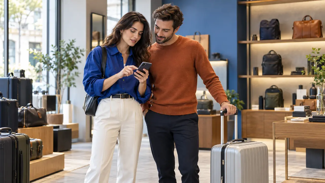 Zwei Personen stehen in einem Geschäft und schauen auf ein Smartphone, während sie einen Koffer auswählen. KI-generierte Szene.