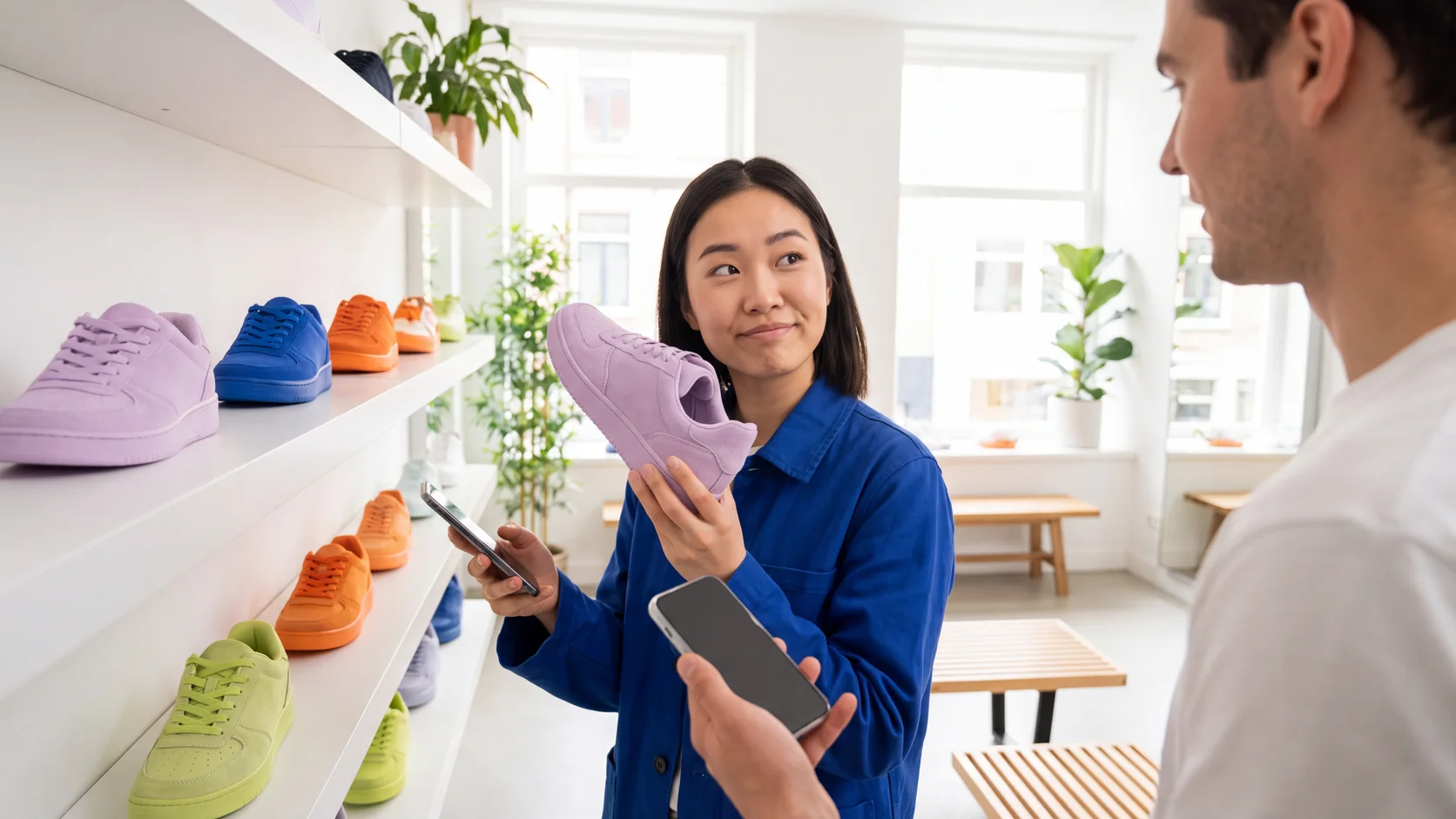 Una ragazza in un negozio di sneaker luminoso tiene una scarpa lilla e lo smartphone, mentre chiede all'assistente quale modello scegliere. Scena generata con AI.