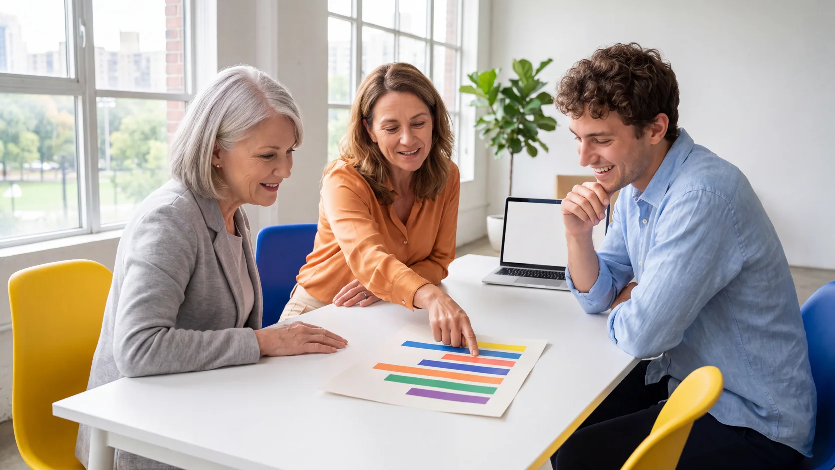Una direttrice marketing indica un grafico a sei barre colorate mentre due colleghi sorridono d'accordo, in uno studio luminoso. Scena generata con AI.
