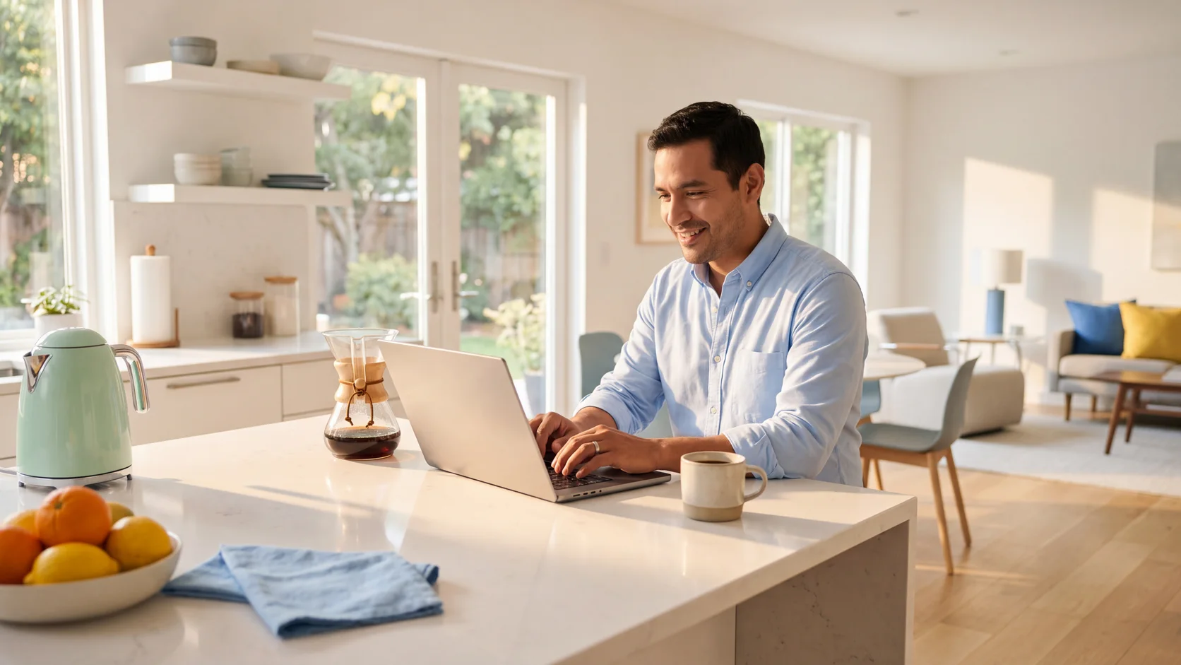 Ein lächelnder Marketingverantwortlicher tippt an der sonnendurchfluteten Kücheninsel am Morgen eine Frage in den Laptop. KI-generierte Szene.