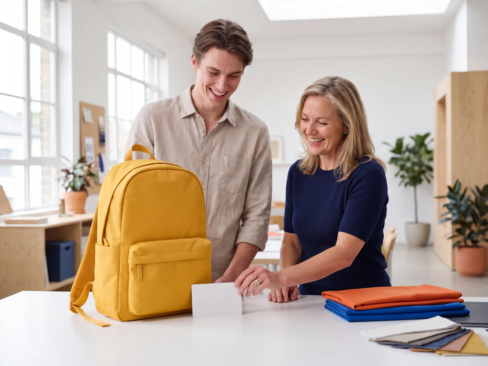 Two colleagues in a bright studio laugh as they agree on a single fact sheet for a yellow backpack, with other colourful samples nearby. AI-generated scene.