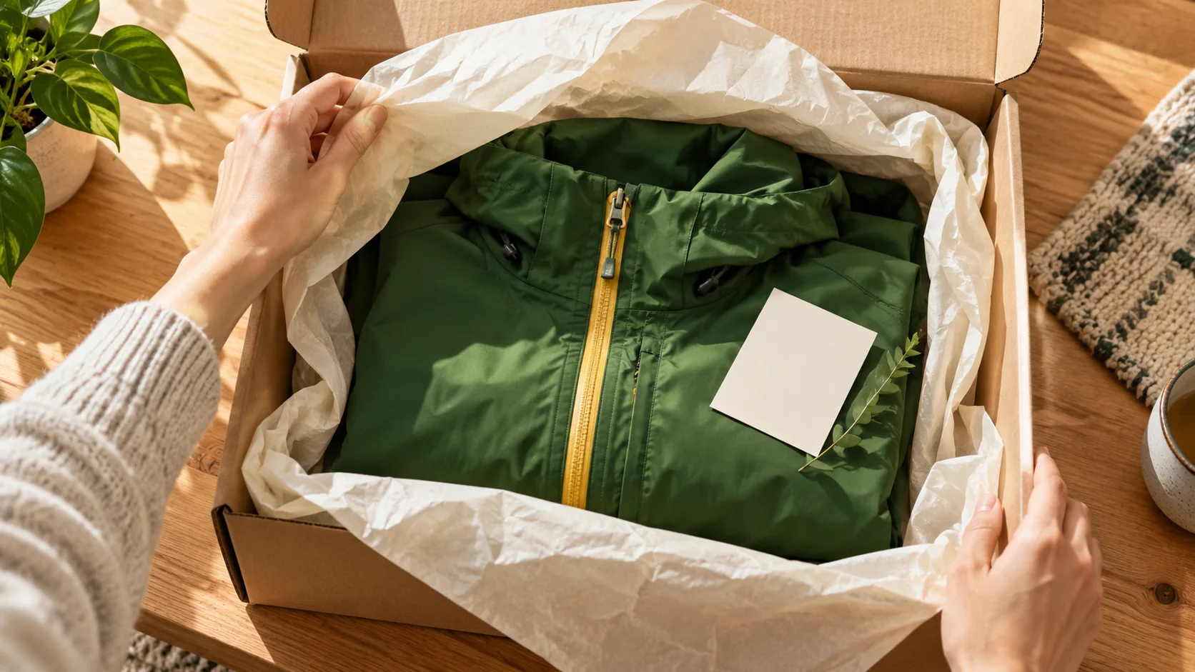 Zwei Hände öffnen ein Paket mit einer grünen Jacke. KI-generierte Szene.