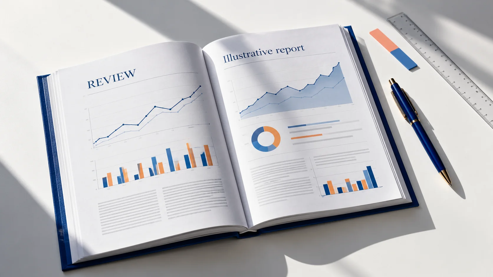 Printed reports and charts with a pen, viewed from above. AI-generated scene.