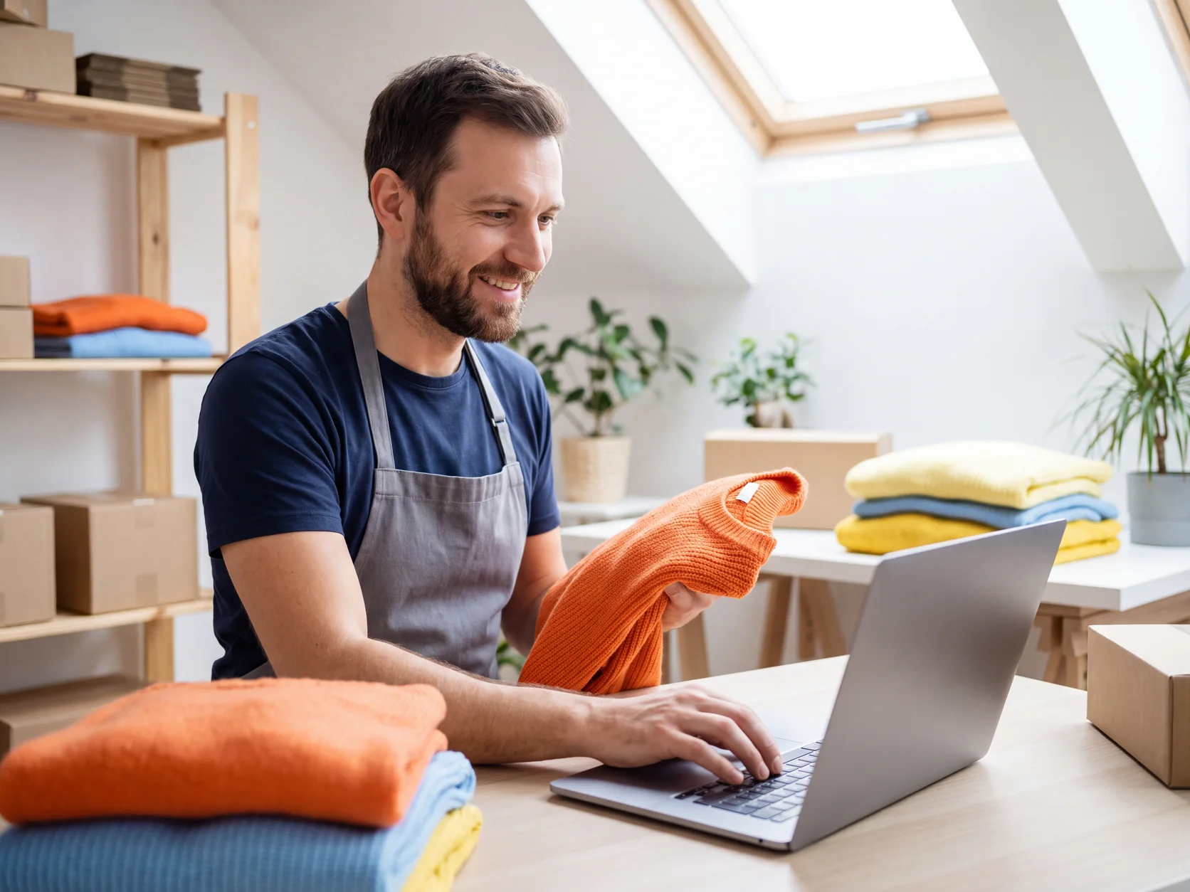 Der Inhaber eines kleinen Onlineshops hält einen orangefarbenen Pullover und veröffentlicht gleich auf dem Laptop die korrigierte Produktseite. KI-generierte Szene.