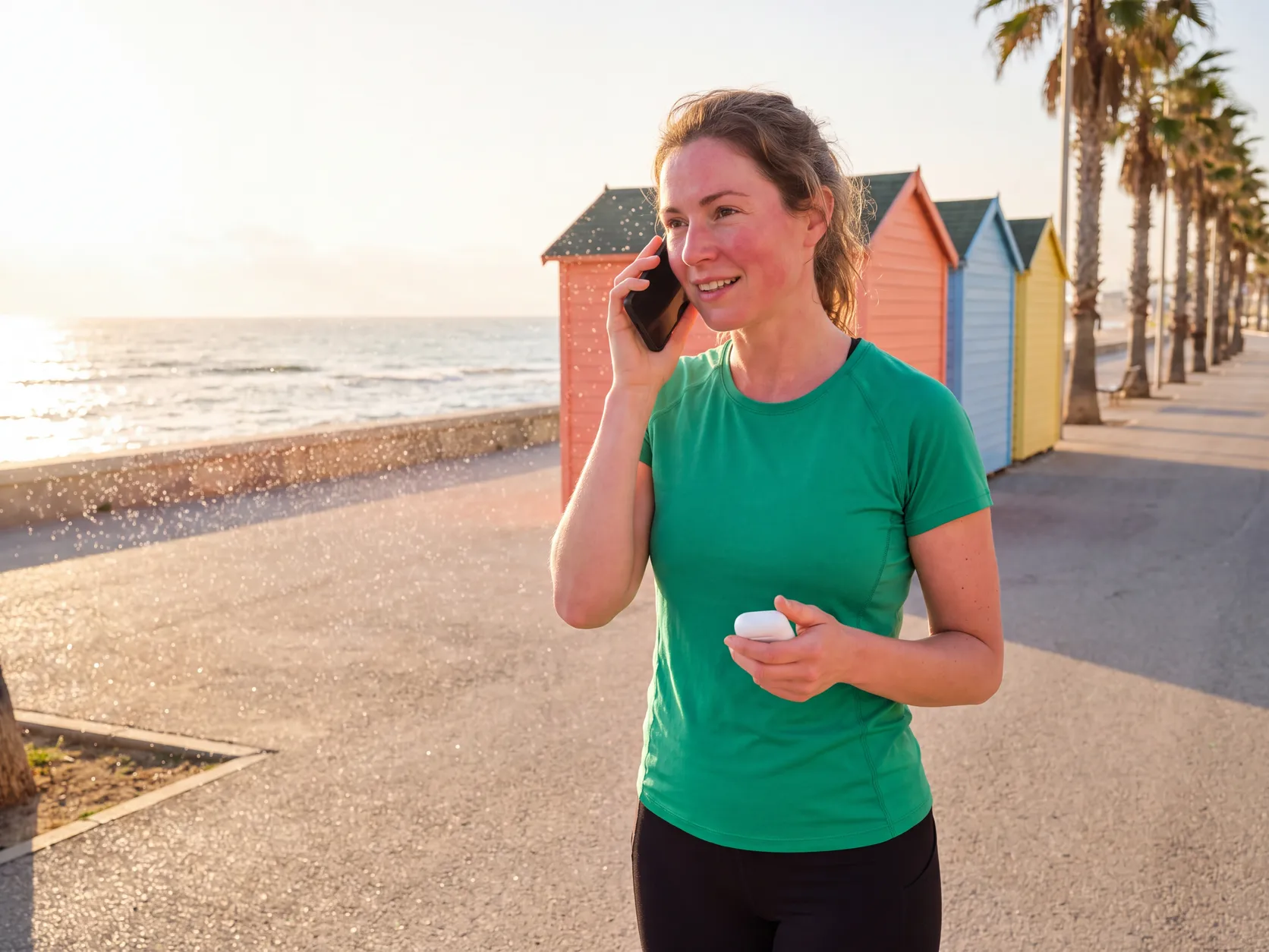 A smiling runner on the seafront at dawn asks her smartphone which earbuds are water-resistant, holding the charging case. AI-generated scene.