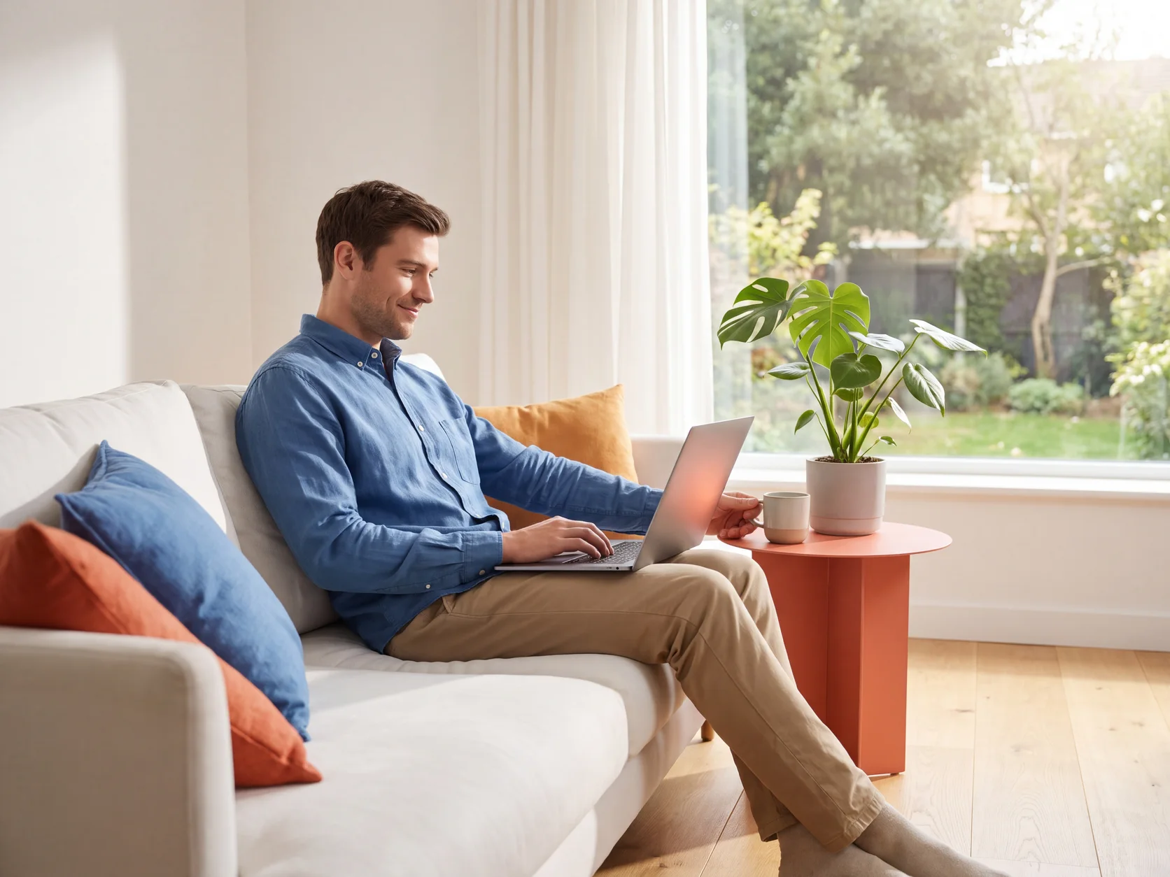 A young man on the sofa reads a short summary on his laptop and decides without scrolling any further. AI-generated scene.