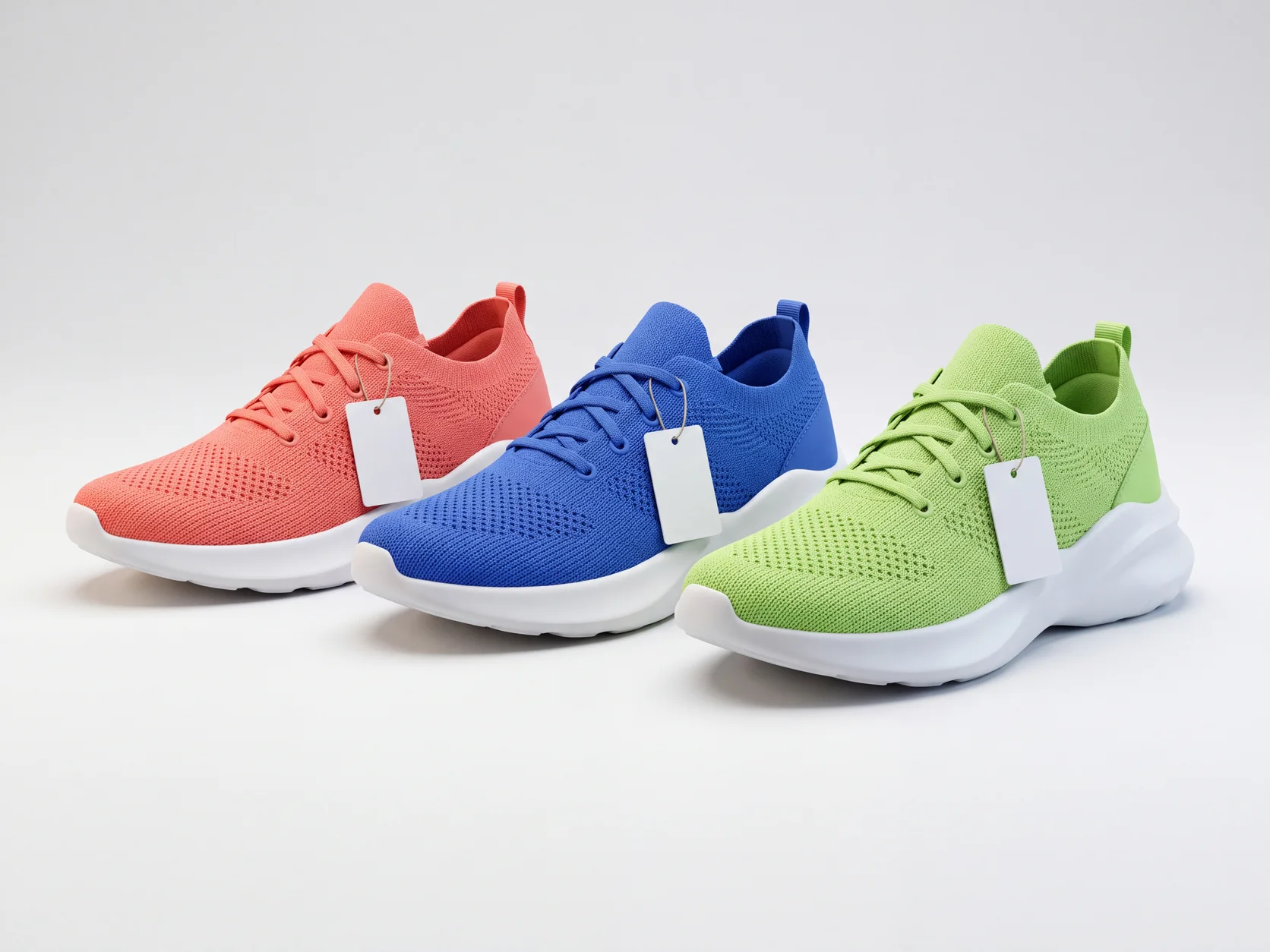Drei farbige Varianten desselben Sneaker-Modells nebeneinander vor hellem Hintergrund, jede mit einem weißen Etikett. KI-generierte Szene.