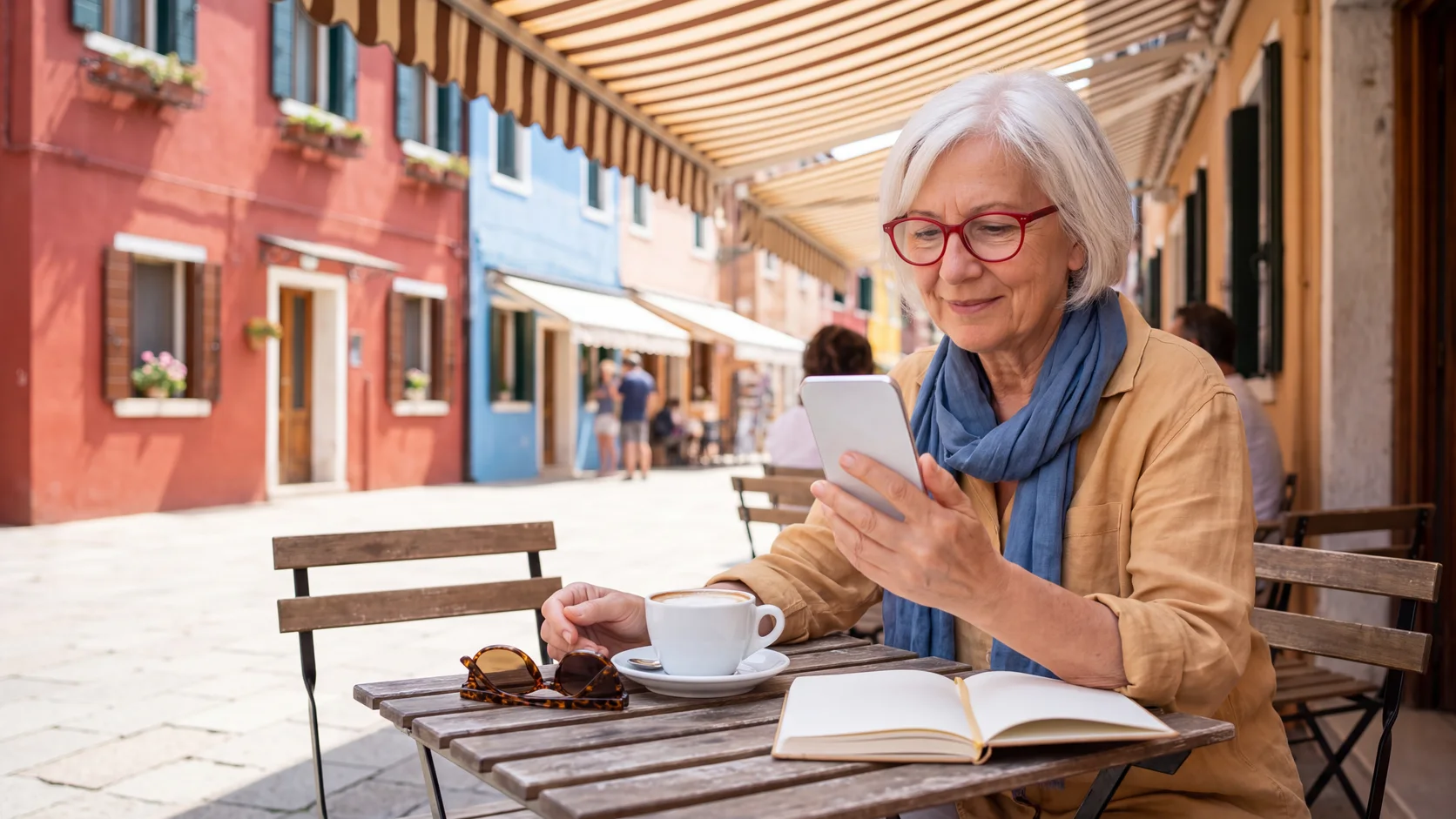 Eine Frau mit roter Brille liest an einem sonnigen Cafétisch eine Antwort auf dem Smartphone, bevor sie ein Hotel auswählt. KI-generierte Szene.