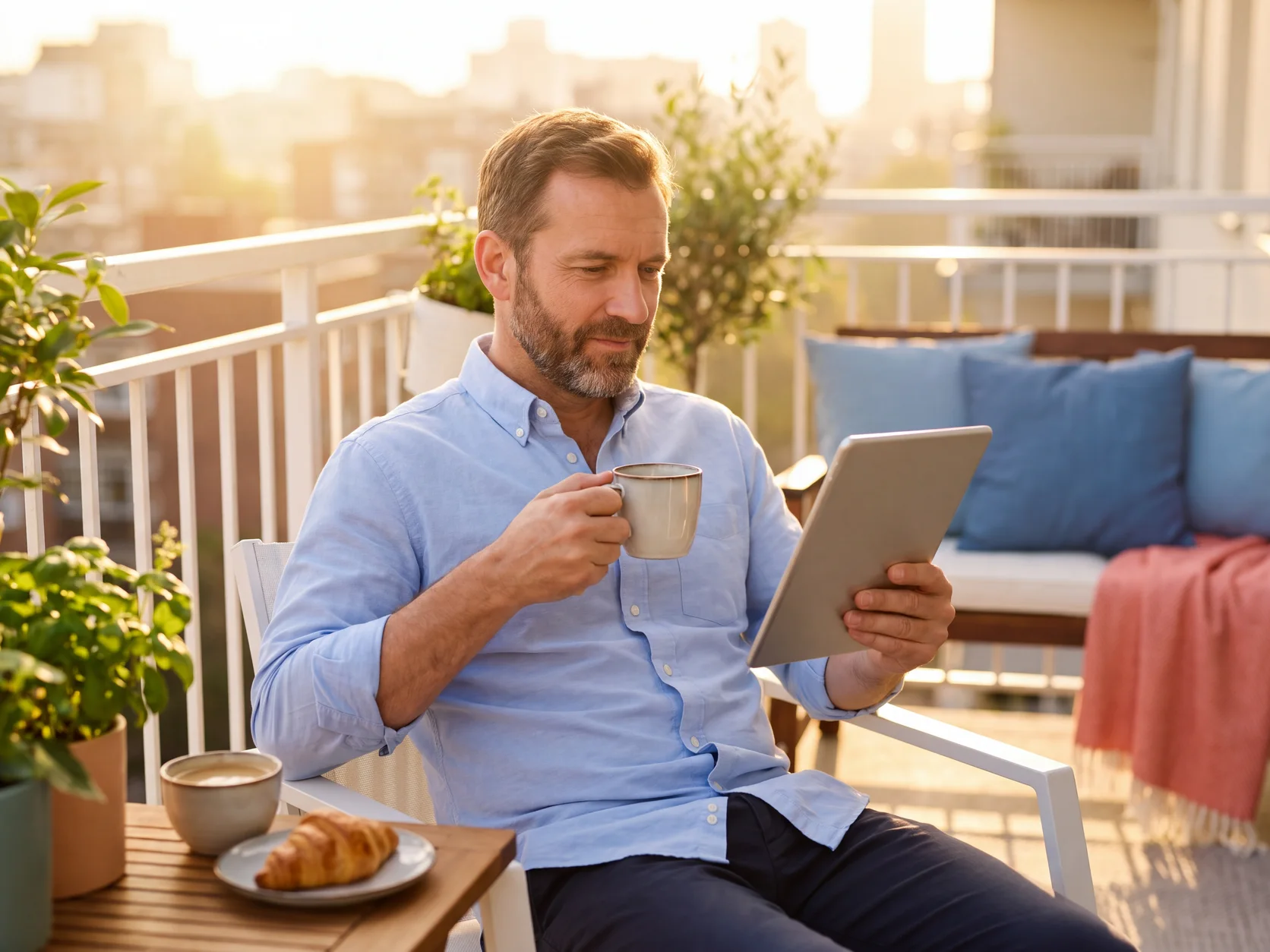 Ein Kommunikationsleiter liest auf einem sonnigen Balkon beim Kaffee den Pressespiegel des Morgens auf einem Tablet. Mit KI erzeugte Szene.