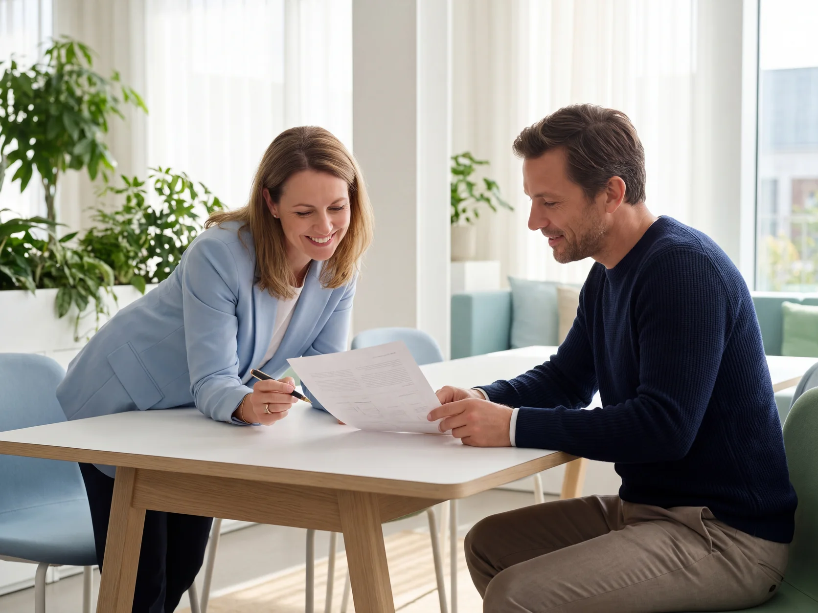 A privacy officer and a marketing manager review a printed assessment together in a bright room. AI-generated scene.