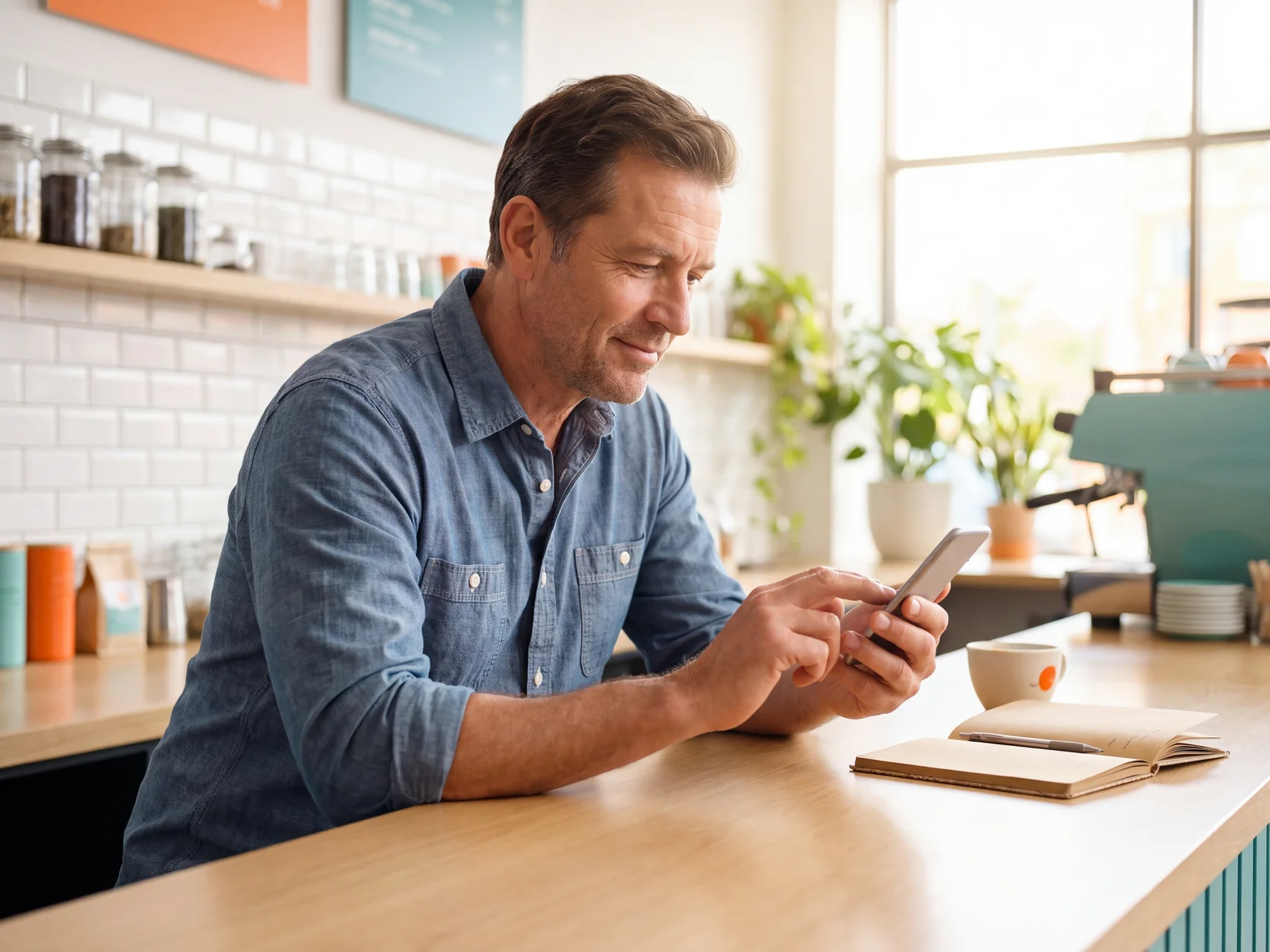 Il titolare di un caffè luminoso scrive con calma una risposta sullo smartphone dietro il bancone. Scena generata con AI.