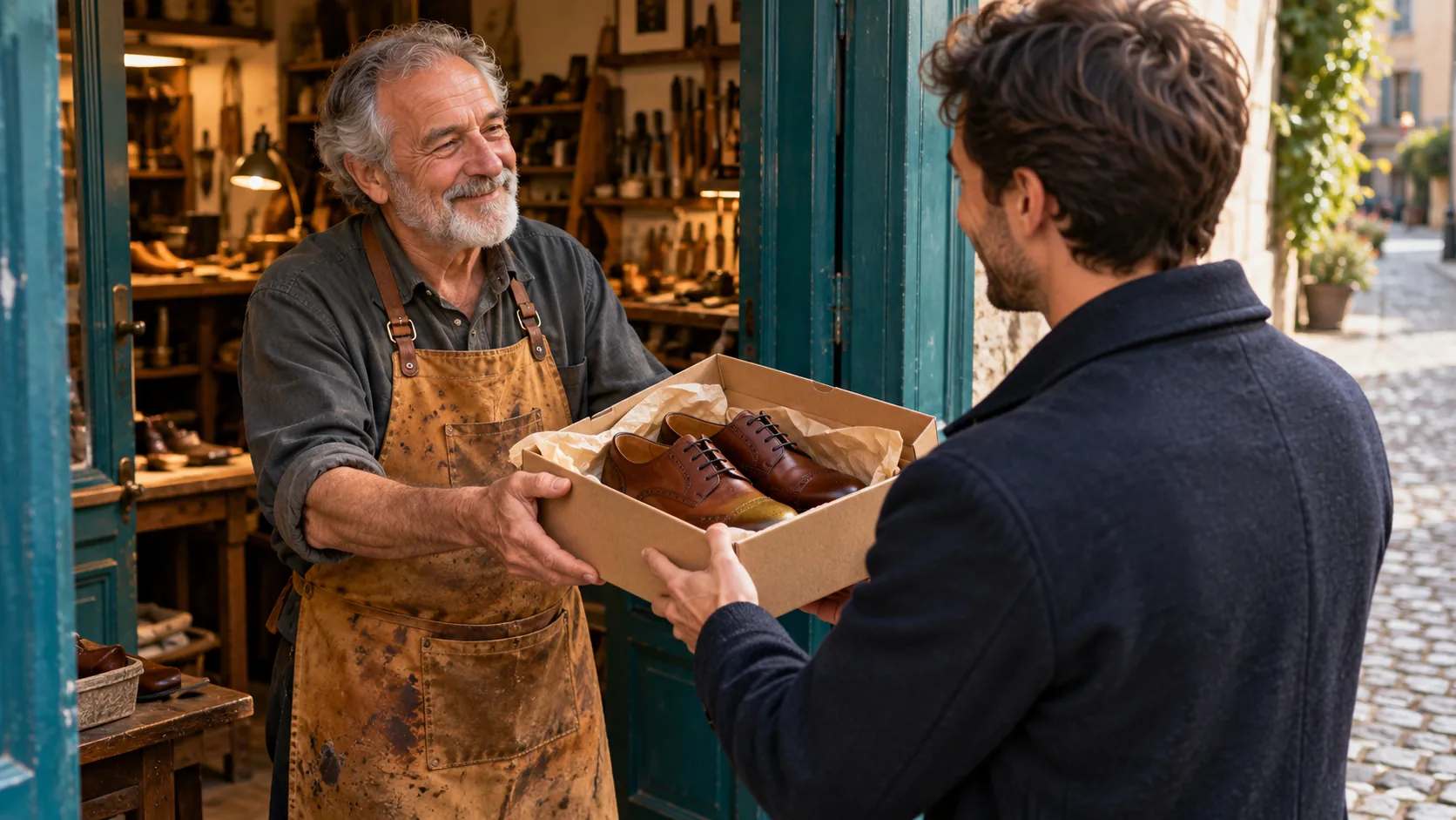 Calzolaio alla porta della bottega consegna al cliente un paio di scarpe riparate. Scena generata con AI.