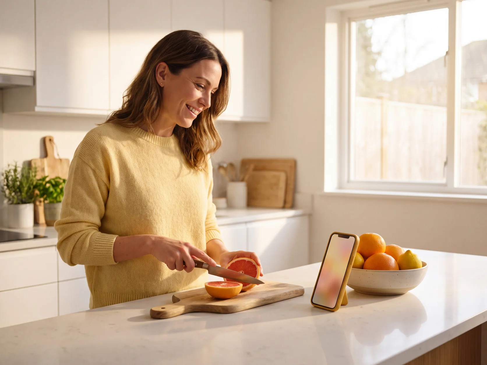 Una mujer en una cocina luminosa hace una pregunta en voz alta al teléfono apoyado en el frutero y escucha la respuesta. Escena generada con IA.