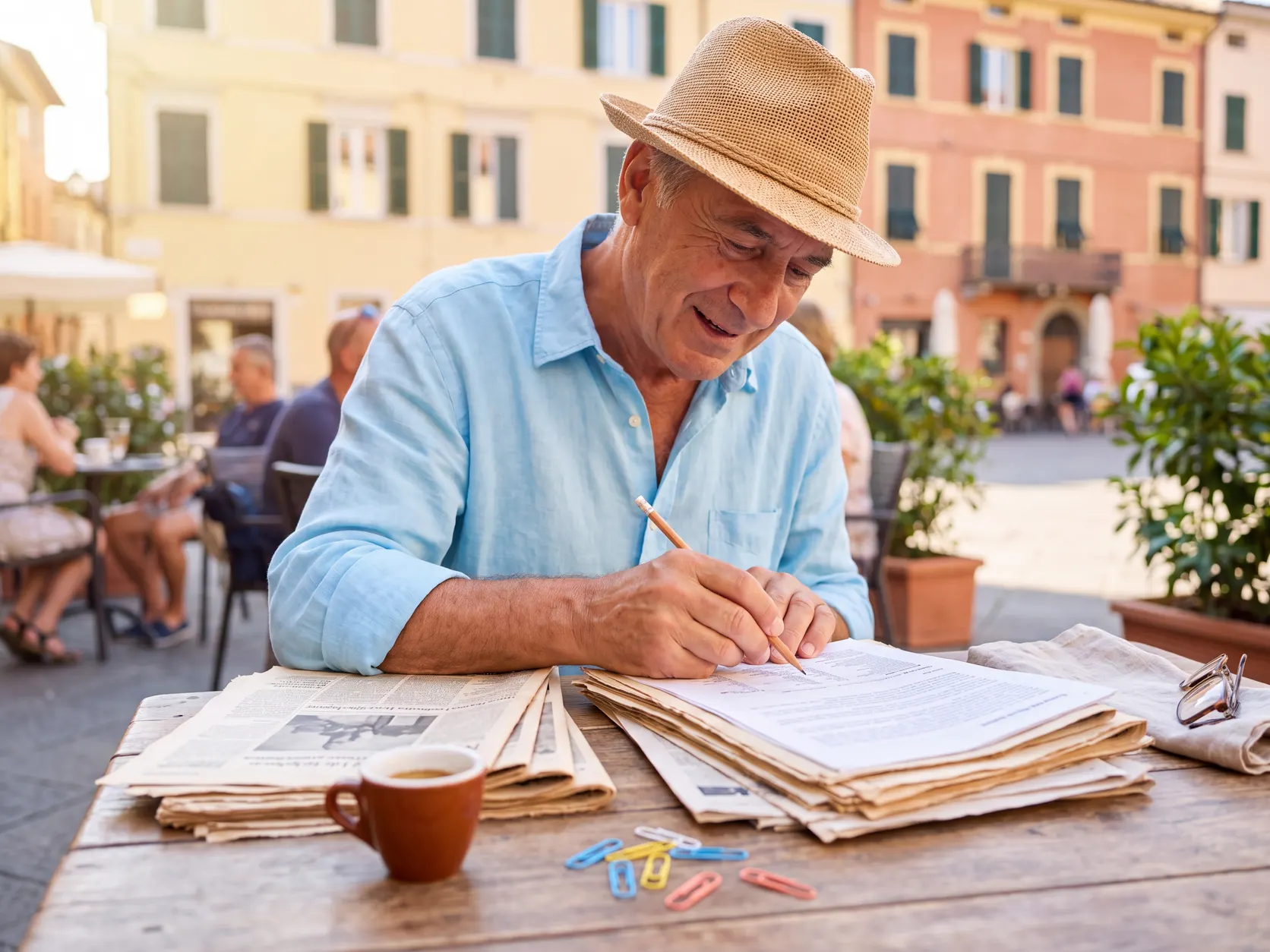 Un signore col cappello di paglia, al tavolino di una piazza assolata, divide ritagli di giornale in due pile e ne segna alcuni a matita. Scena generata con AI.