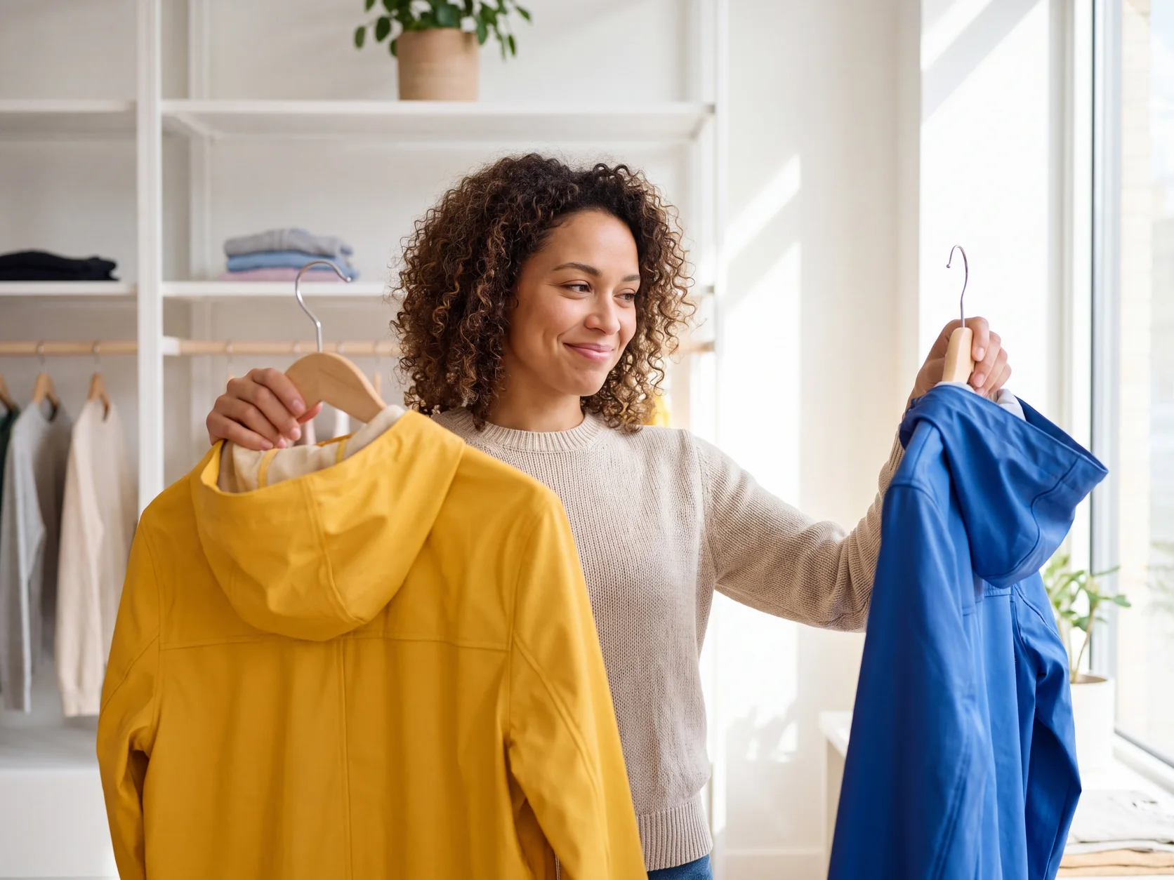 Una mujer en una tienda luminosa sostiene dos chaquetas impermeables, una amarilla y una azul, una en cada mano, mientras decide cuál elegir. Escena generada con IA.