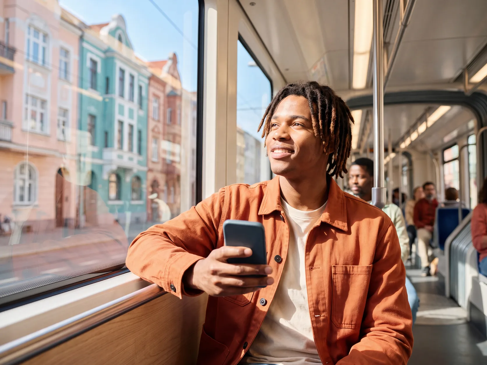 Ein junger Mann in oranger Jacke blickt in der Straßenbahn durch die sonnige Stadt vom Telefon auf, nachdem er etwas gelesen hat. KI-generierte Szene.