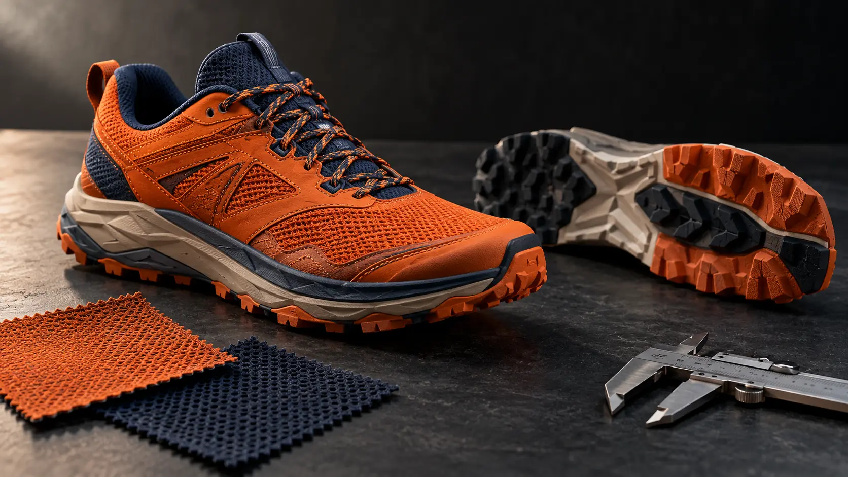 An orange trail shoe beside material samples and a caliper. AI-generated scene.