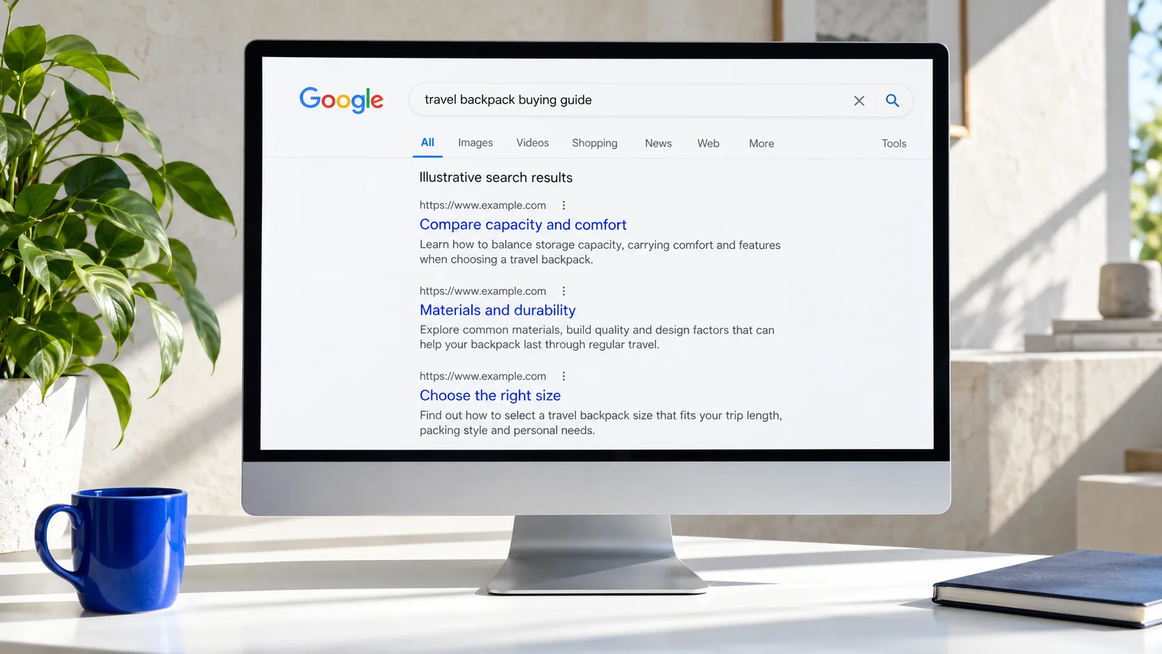 Ein Desktop-Monitor zeigt eine illustrative Google-Suche nach Rucksäcken. KI-generierte Szene.