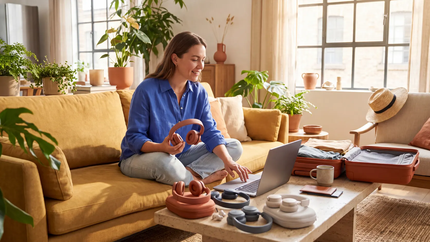 A smiling woman on a yellow sofa in a bright flat compares travel headphones on her laptop next to an open suitcase. AI-generated scene.