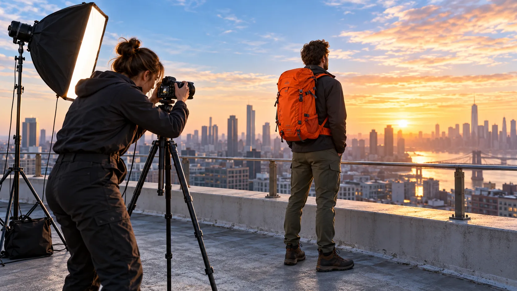 Eine Fotografin fotografiert einen orangefarbenen Rucksack bei Sonnenaufgang auf einer Dachterrasse. KI-generierte Szene.