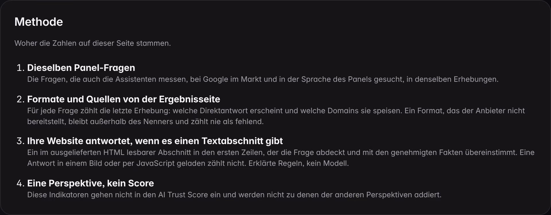 Das Feld „Methode“ der Ansicht Direkte Antworten für eine Demo-Marke: dieselben Fragen des Fragenkatalogs bei Google gesucht, Formate und Quellen aus der Ergebnisseite, die Regel der Textpassage und die Linse, die nicht in den AI Trust Score eingeht.