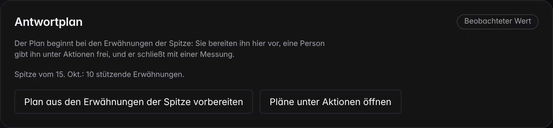 Der Reaktionsplan von Trends und Krisen an einer Demo-Marke: die Spitze eines Tages mit den stützenden Erwähnungen, der Befehl zum Erstellen des Plans und der Verweis auf die Pläne in Maßnahmen.