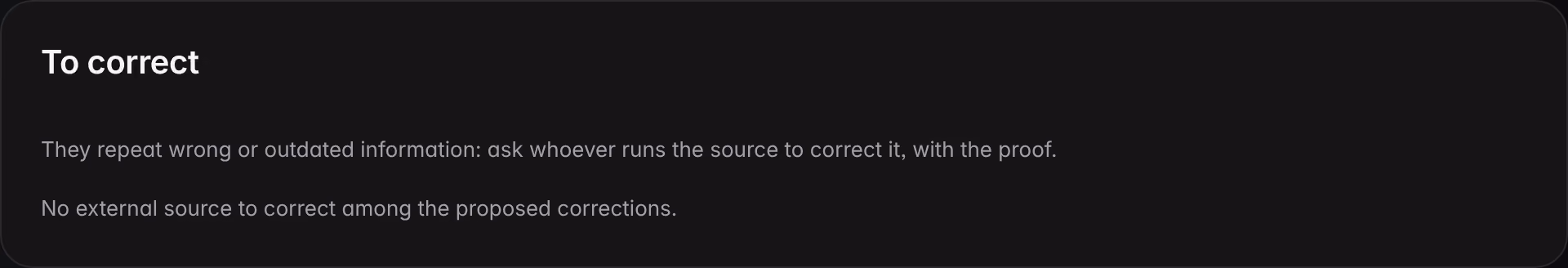 The “To correct” panel in Actions for a demo brand: an external source repeating outdated information, the approved fact and the message ready to request its correction.