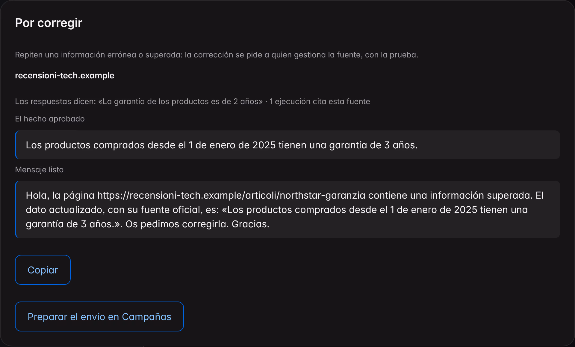 El panel «Por corregir» de Acciones sobre una marca de demostración: una fuente externa que repite una información superada, el hecho aprobado y el mensaje listo para pedir su corrección.