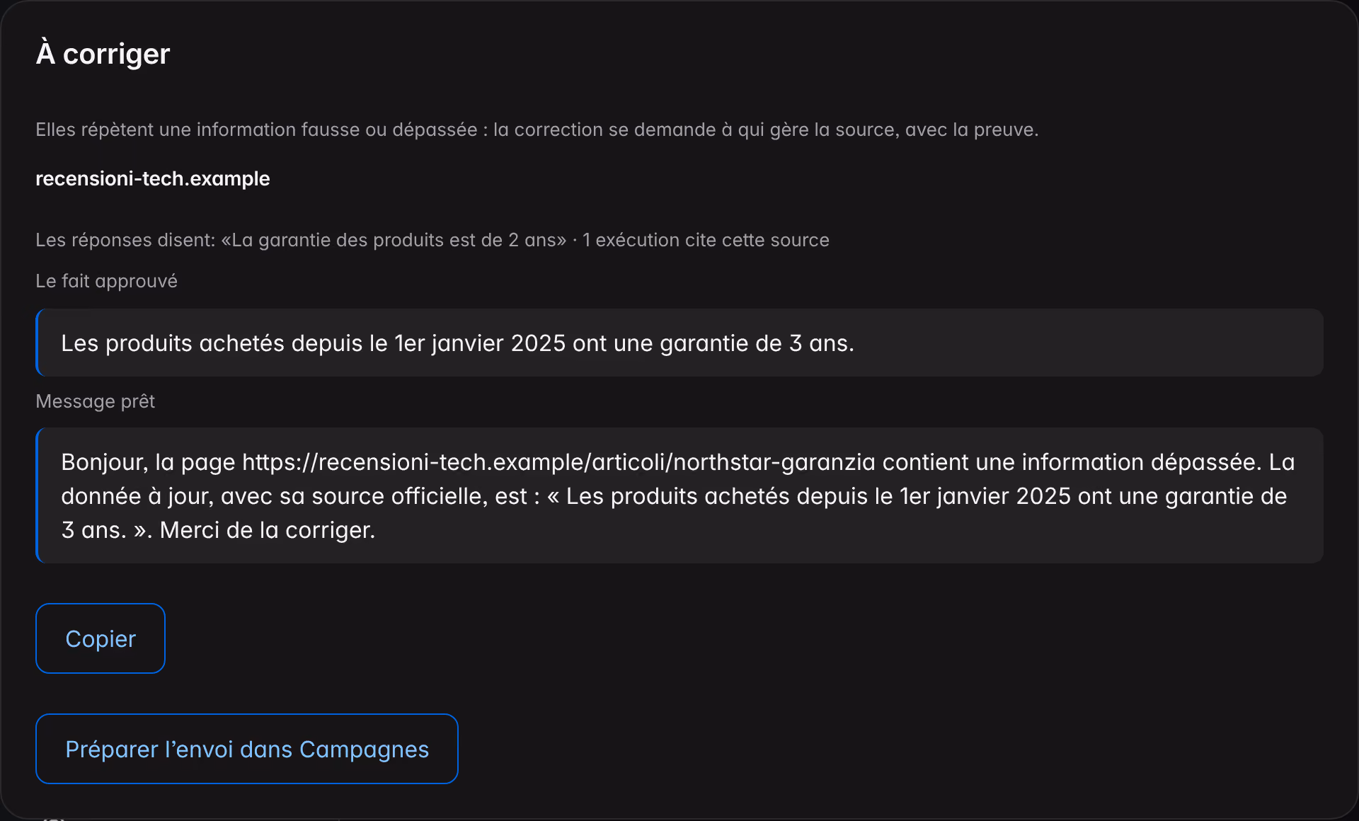 Le panneau « À corriger » d’Actions sur une marque de démonstration : une source externe qui répète une information dépassée, le fait approuvé et le message prêt pour en demander la correction.