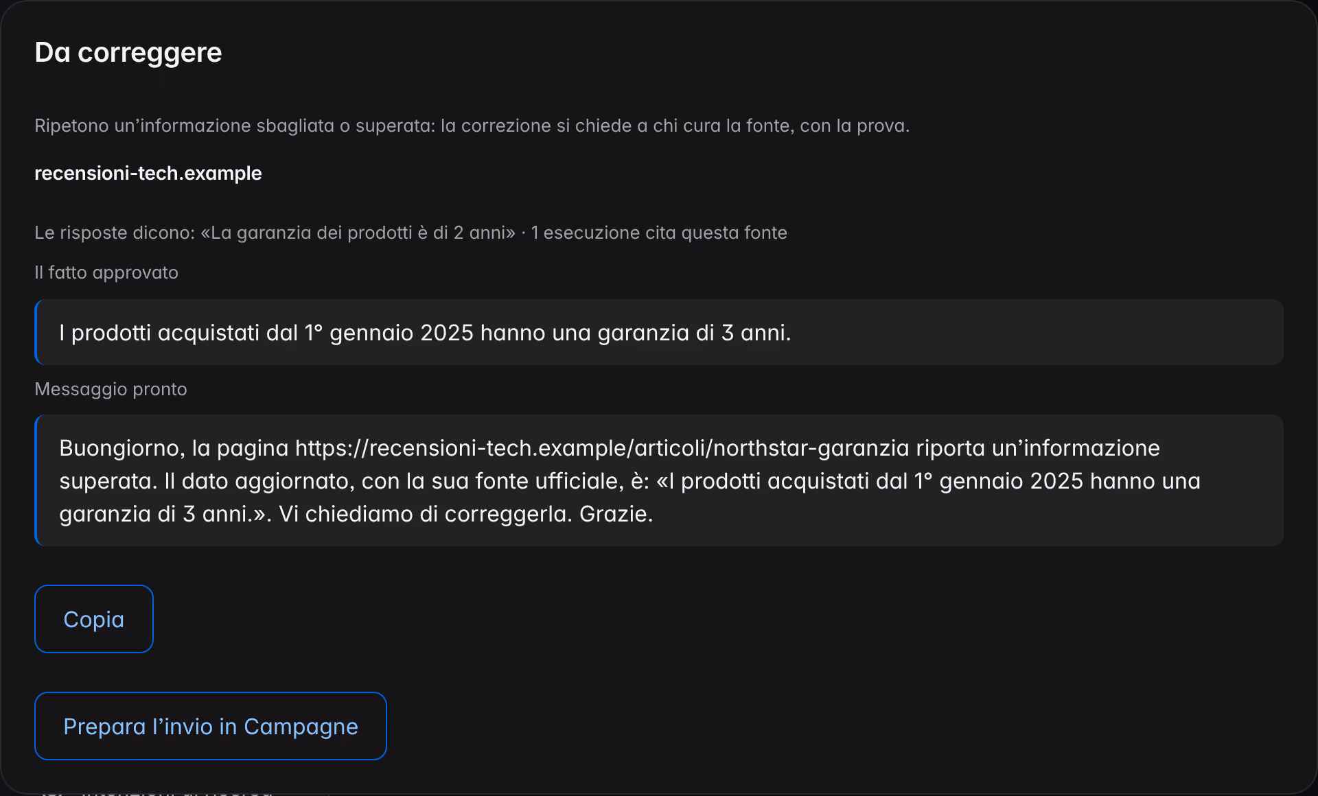 Il pannello «Da correggere» delle Azioni su un brand dimostrativo: una fonte esterna che ripete un’informazione superata, il fatto approvato e il messaggio pronto per chiederne la correzione.